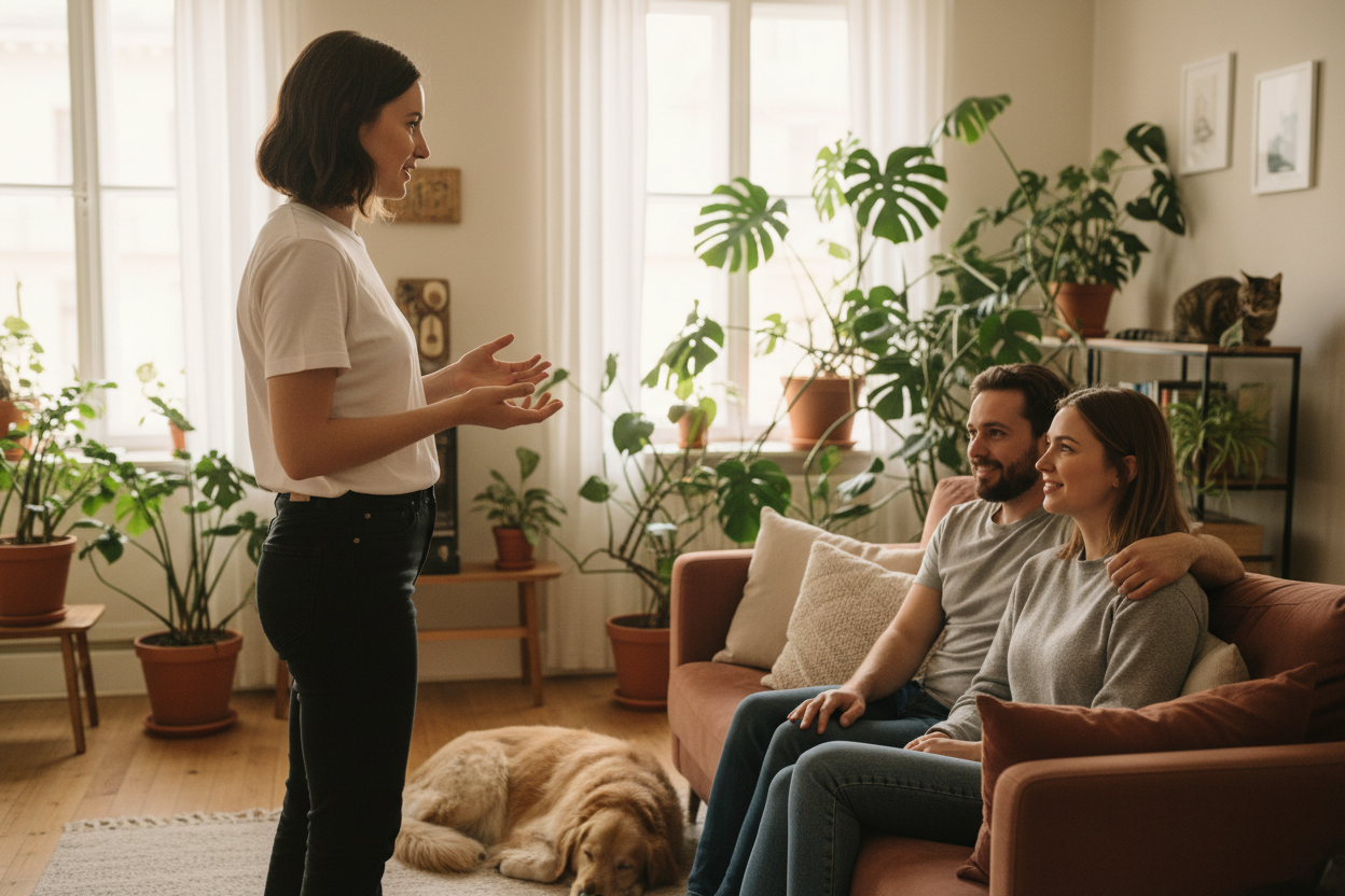Imagen editorial realista de una persona representando a una empresa de servicios del hogar, explicando información de forma cercana y tranquila a una pareja dentro de su hogar. La mujer representante viste polera blanca lisa y pantalón oscuro, sin logos ni marcas, y se encuentra de perfil o en segundo plano. La pareja aparece relajada, escuchando con atención, en un hogar acogedor con plantas naturales y presencia sutil de mascotas (perro o gato). Iluminación natural, tonos suaves y ambiente cálido.