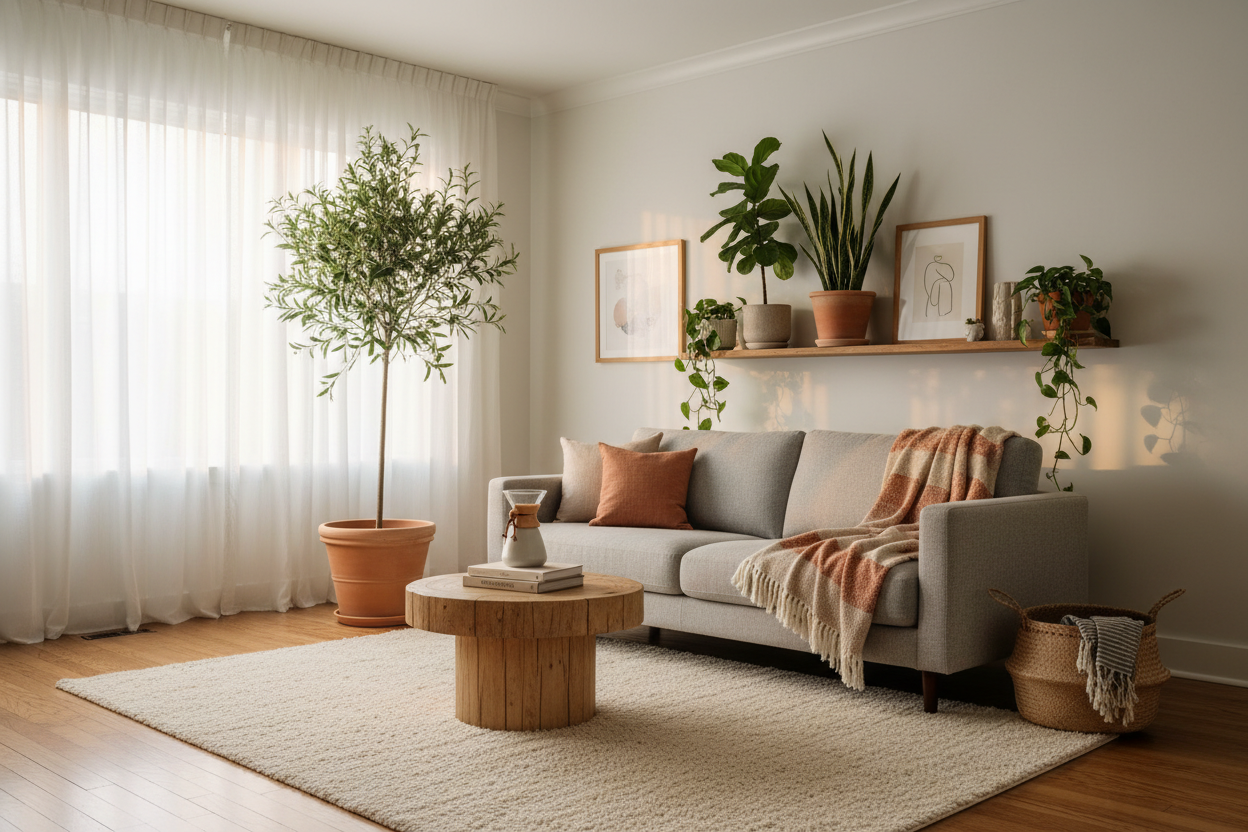 Imagen cálida y profesional de un espacio de hogar limpio y ordenado, con elementos naturales como plantas, textiles suaves y luz de mañana. Sensación de cuidado, respeto y armonía. Estilo editorial, sobrio y elegante, sin poses comerciales.