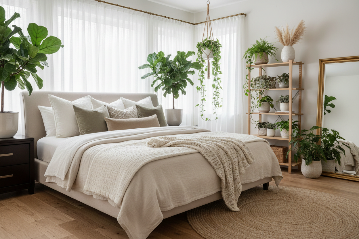 O una imagen de una cama muy Pinterest con plantas que evidencia de lujo sensación como de qué es muy bonito además como de pureza pero con muchos elementos textiles en esta habitación